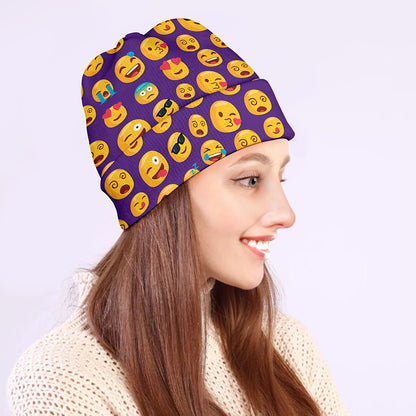 Purple Emoji Pattern Print Beanie