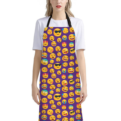 Purple Emoji Pattern Print Bib Apron With Pocket