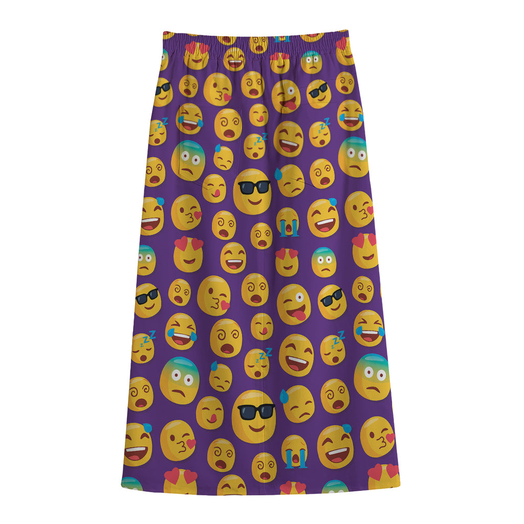 Purple Emoji Pattern Print Cotton Front Slit Maxi Skirt