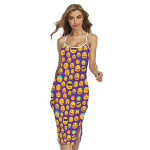 Purple Emoji Pattern Print Cross Back Cami Dress