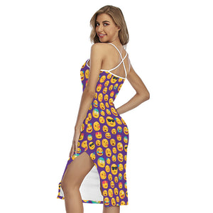 Purple Emoji Pattern Print Cross Back Cami Dress