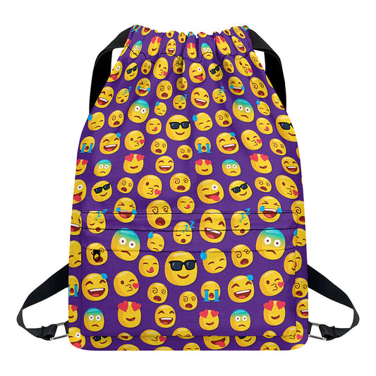 Purple Emoji Pattern Print Drawstring Backpack