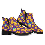 Purple Emoji Pattern Print Flat Ankle Boots