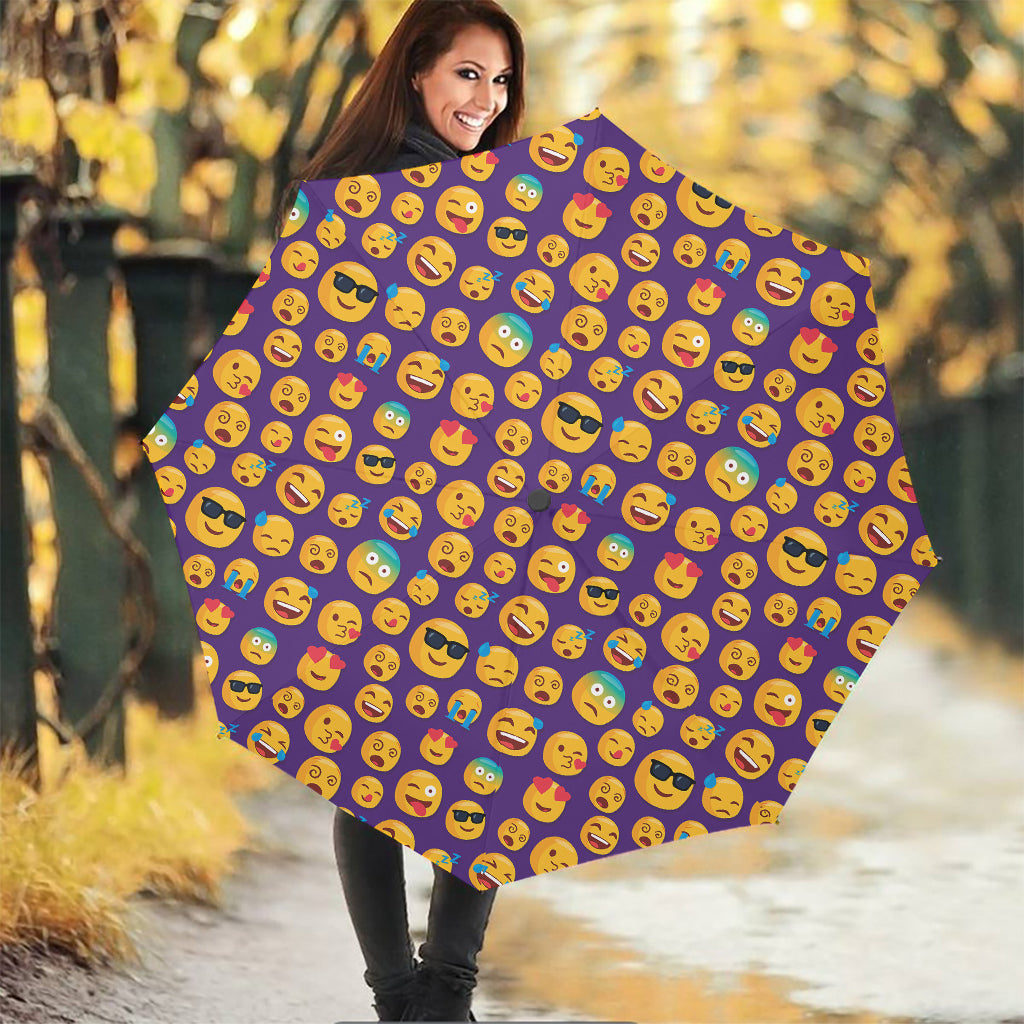 Purple Emoji Pattern Print Foldable Umbrella