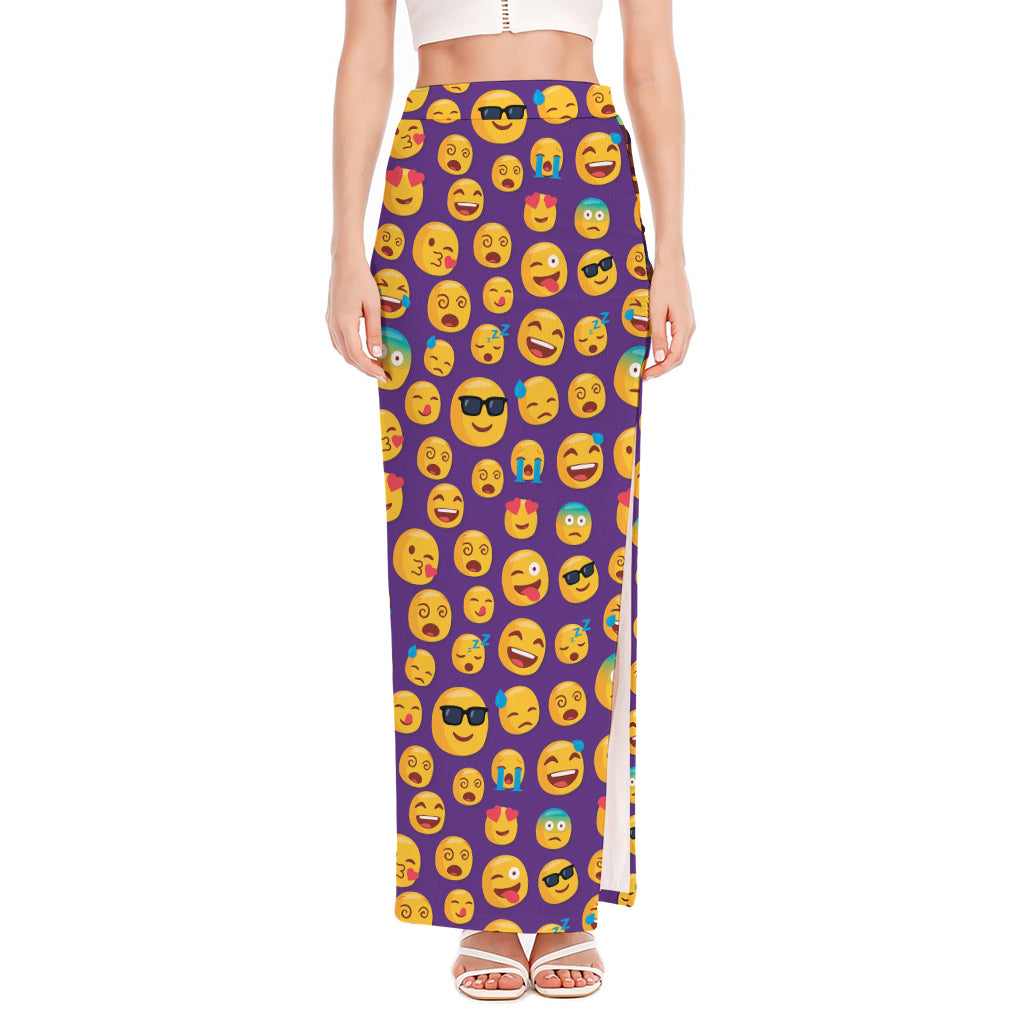 Purple Emoji Pattern Print High Slit Maxi Skirt