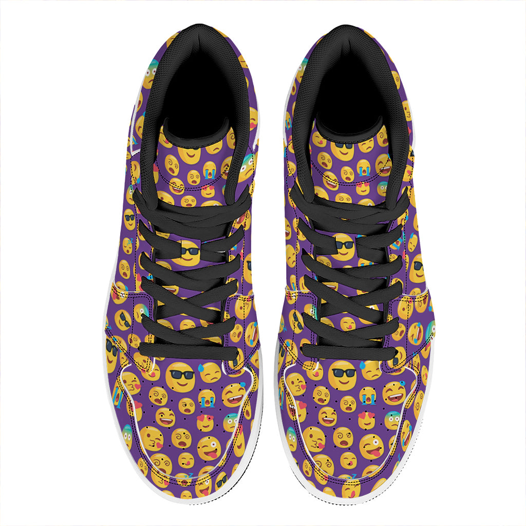Purple Emoji Pattern Print High Top Leather Sneakers