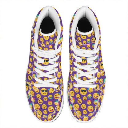 Purple Emoji Pattern Print High Top Leather Sneakers