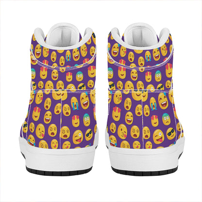 Purple Emoji Pattern Print High Top Leather Sneakers