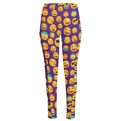Purple Emoji Pattern Print High-Waisted Pocket Leggings