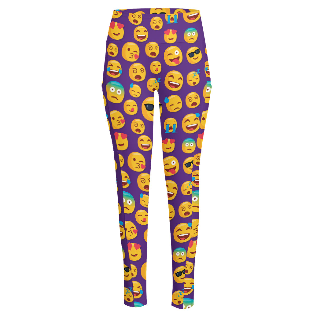 Purple Emoji Pattern Print High-Waisted Pocket Leggings