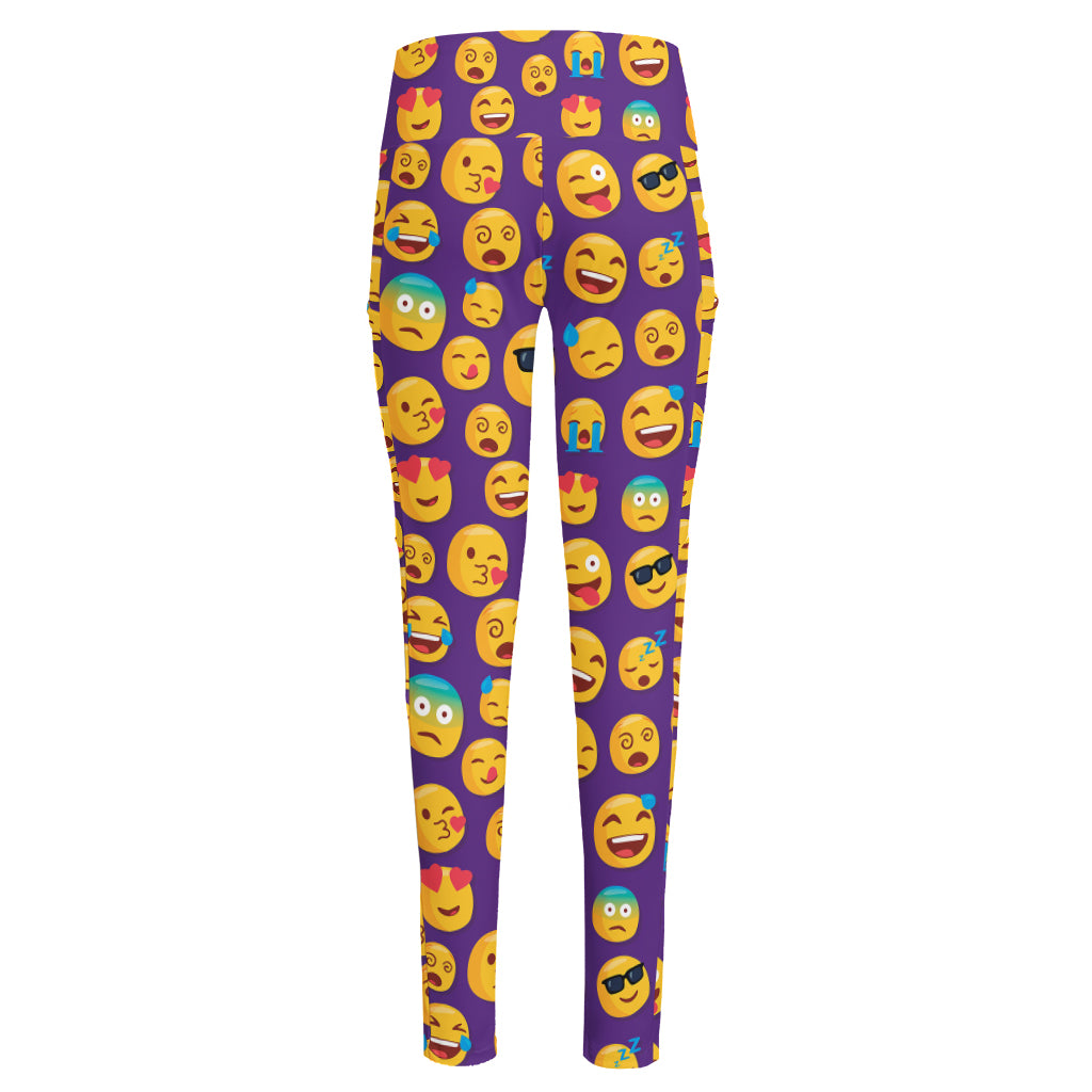 Purple Emoji Pattern Print High-Waisted Pocket Leggings