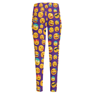 Purple Emoji Pattern Print High-Waisted Pocket Leggings