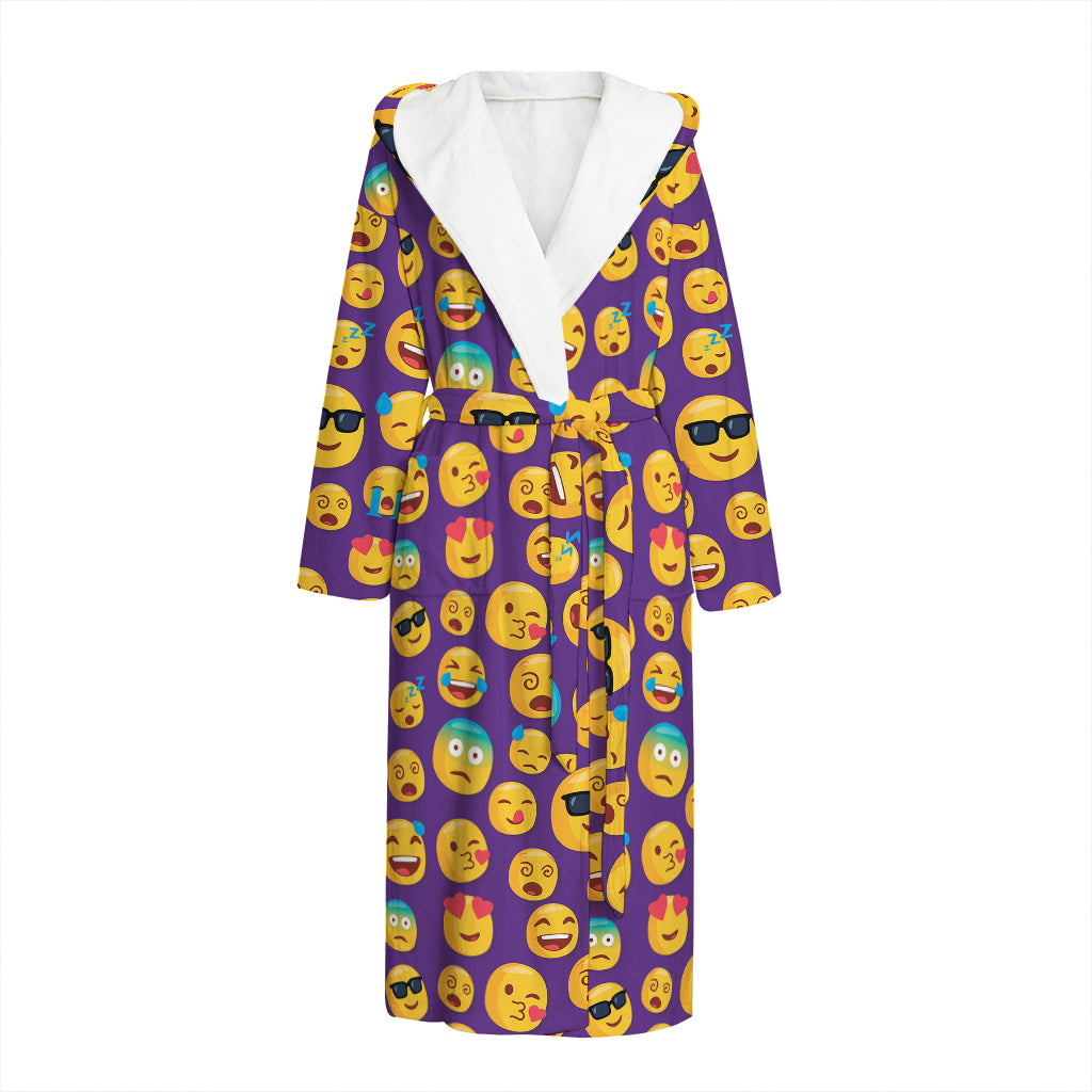 Purple Emoji Pattern Print Hooded Bathrobe