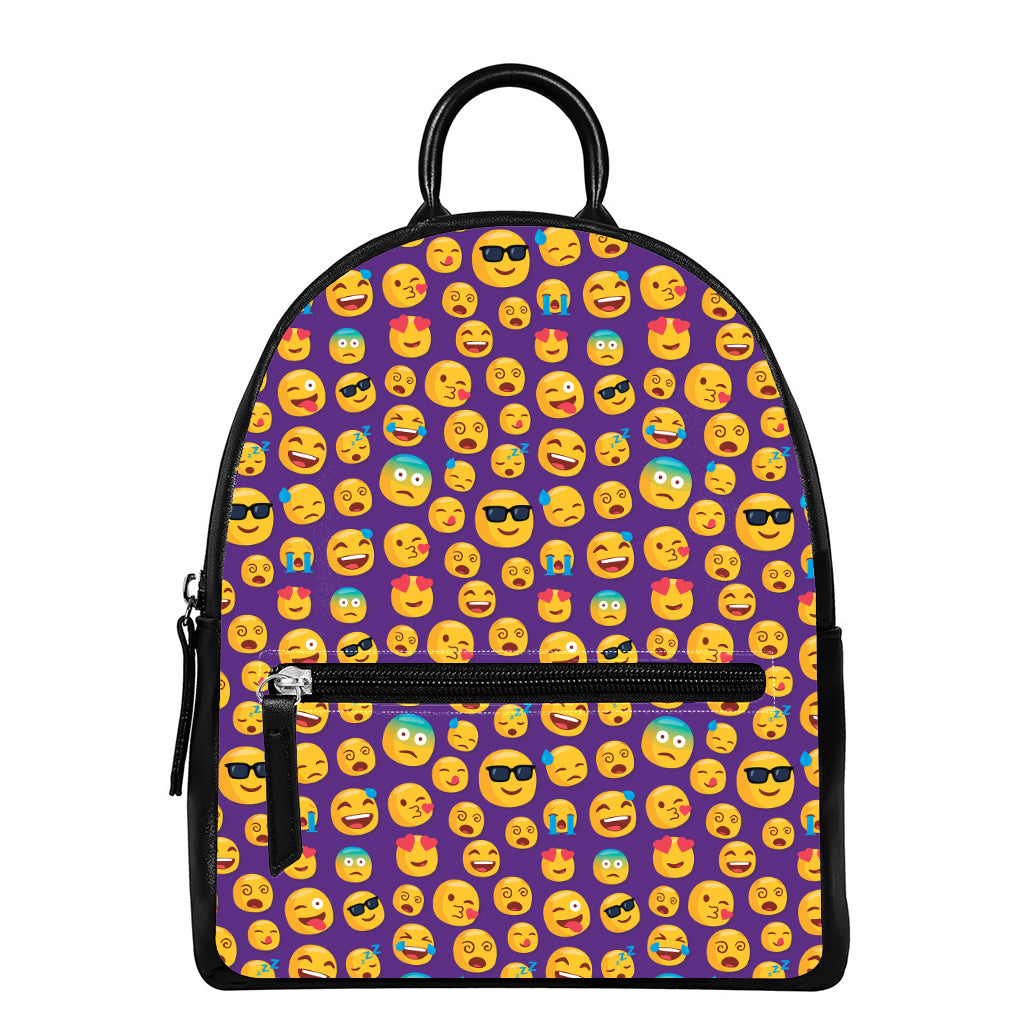 Purple Emoji Pattern Print Leather Backpack