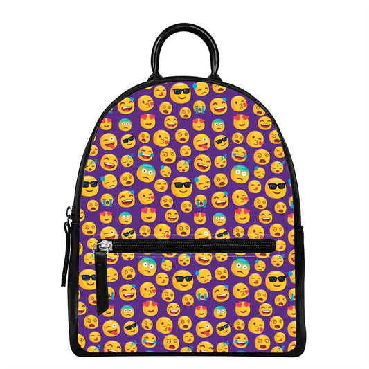 Purple Emoji Pattern Print Leather Backpack