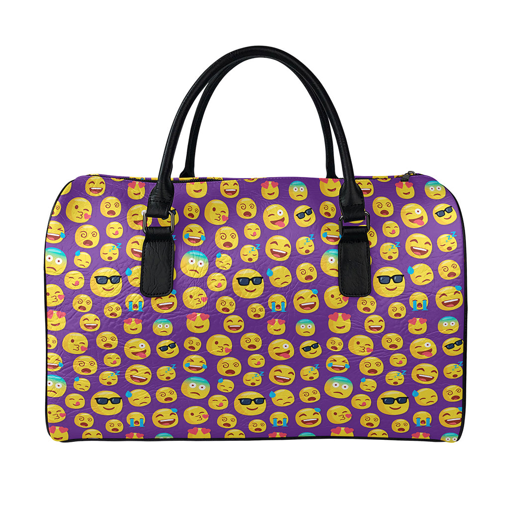 Purple Emoji Pattern Print Leather Duffle Bag