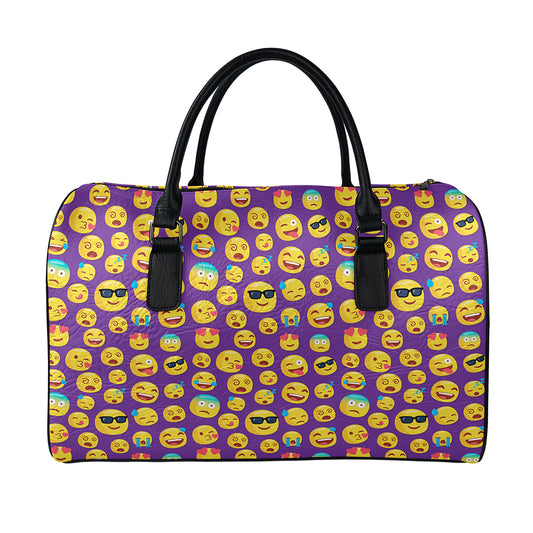 Purple Emoji Pattern Print Leather Duffle Bag