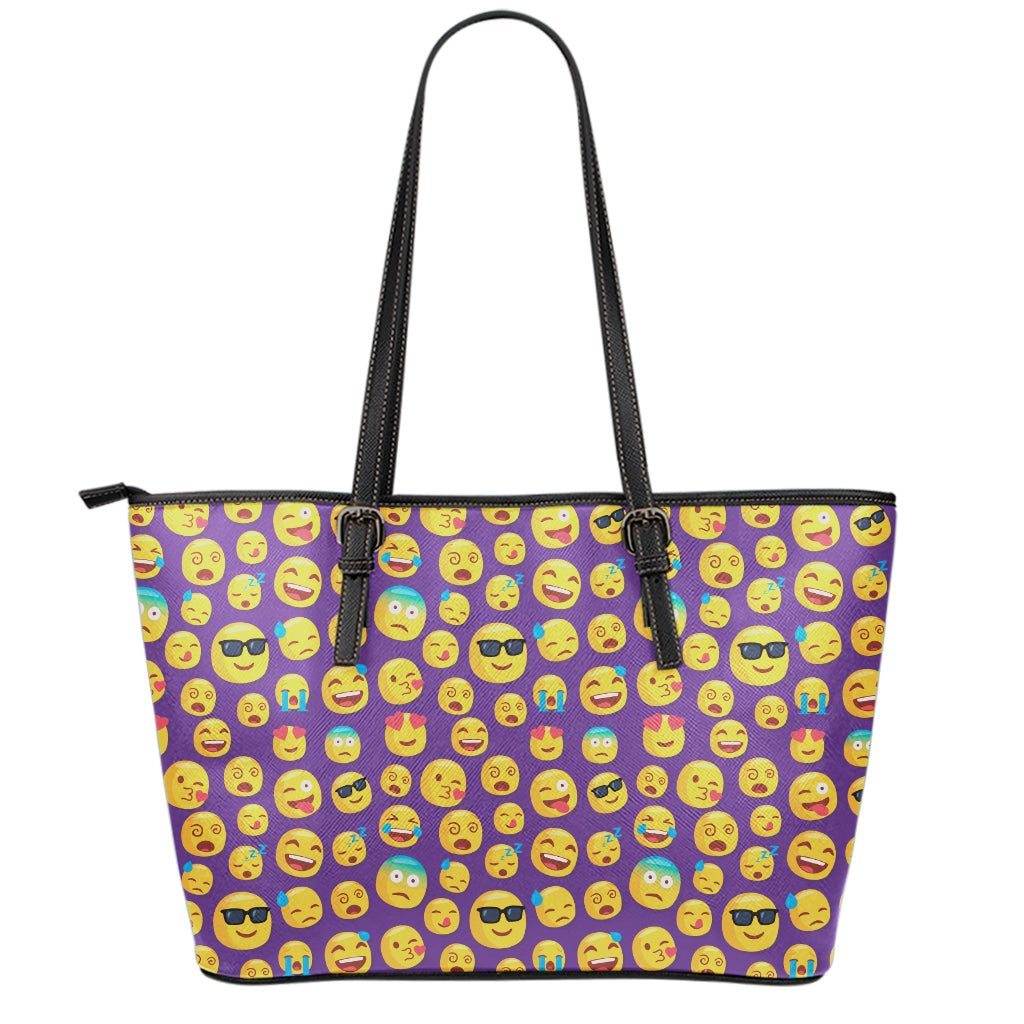 Purple Emoji Pattern Print Leather Tote Bag