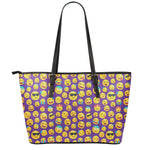 Purple Emoji Pattern Print Leather Tote Bag