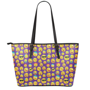 Purple Emoji Pattern Print Leather Tote Bag