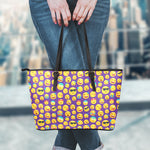 Purple Emoji Pattern Print Leather Tote Bag