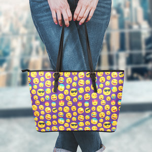 Purple Emoji Pattern Print Leather Tote Bag