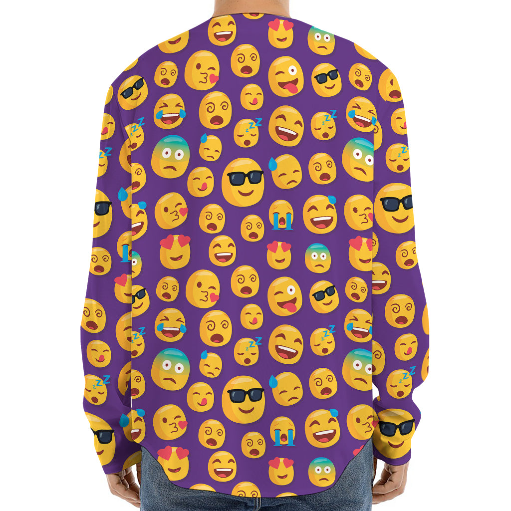 Purple Emoji Pattern Print Long Sleeve Baseball Jersey