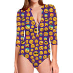 Purple Emoji Pattern Print Long Sleeve Swimsuit