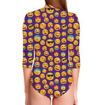 Purple Emoji Pattern Print Long Sleeve Swimsuit