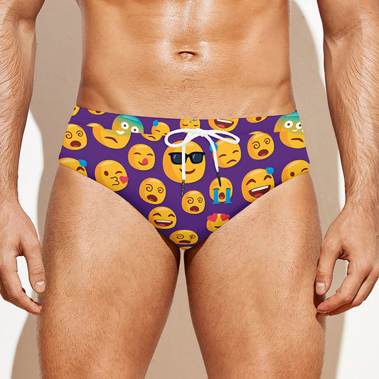 Purple Emoji Pattern Print Men's Swim Briefs