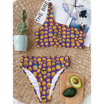 Purple Emoji Pattern Print One Shoulder Bikini Top