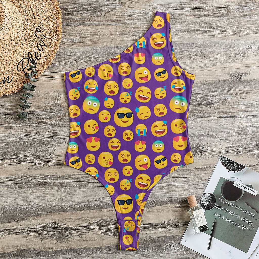 Purple Emoji Pattern Print One Shoulder Bodysuit