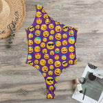 Purple Emoji Pattern Print One Shoulder Bodysuit