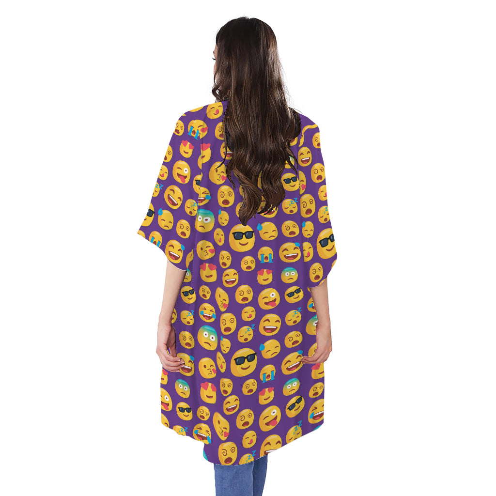 Purple Emoji Pattern Print Open Front Beach Cover Up