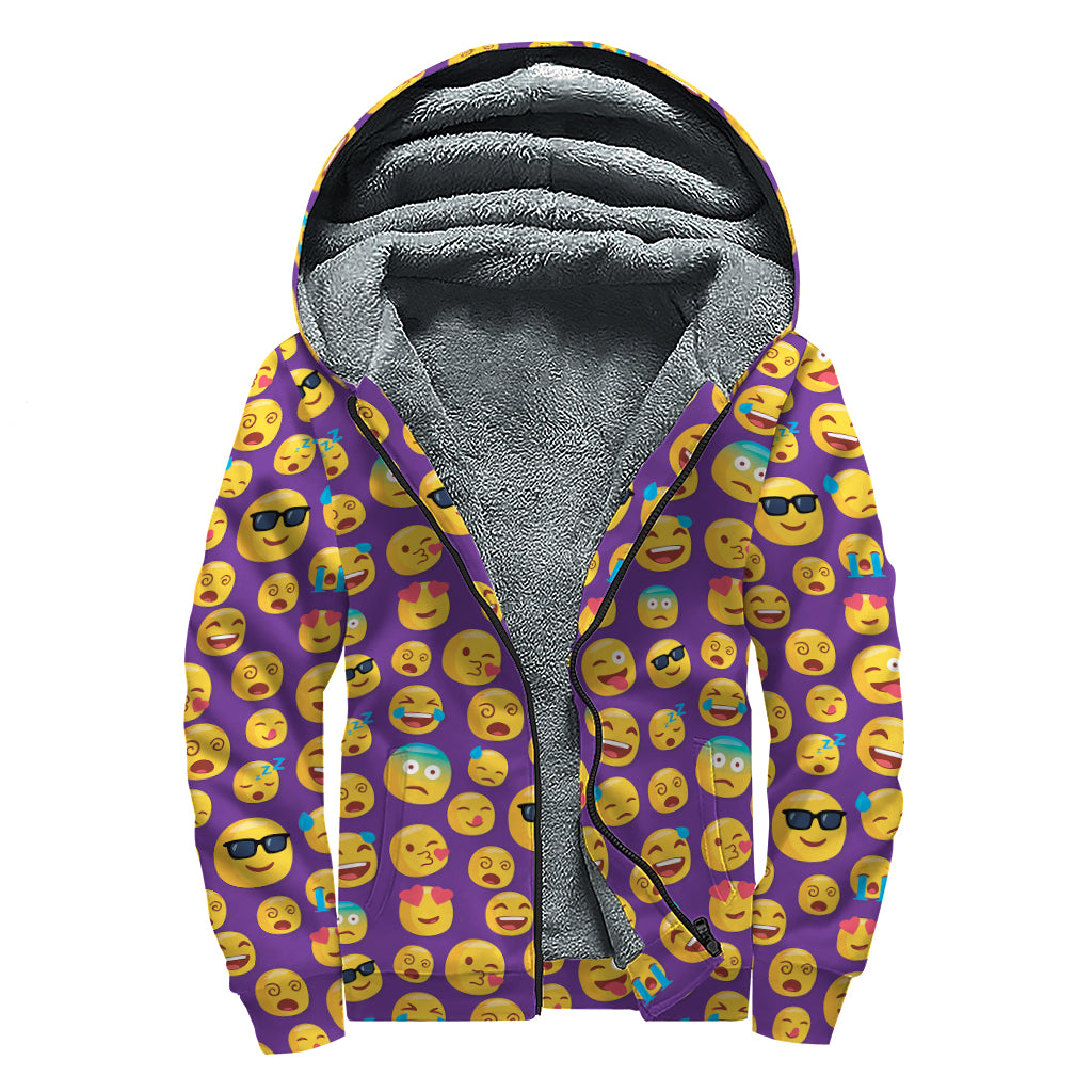 Purple Emoji Pattern Print Sherpa Lined Zip Up Hoodie
