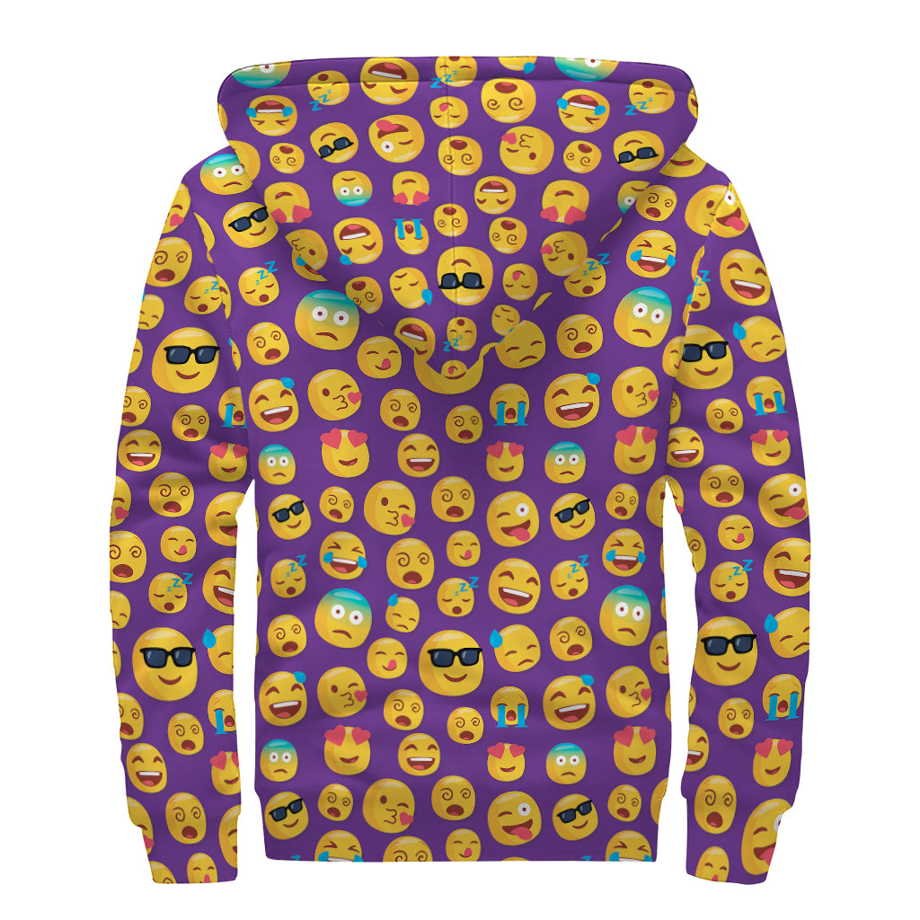 Purple Emoji Pattern Print Sherpa Lined Zip Up Hoodie