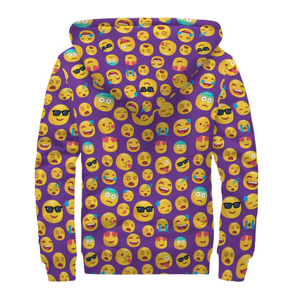 Purple Emoji Pattern Print Sherpa Lined Zip Up Hoodie