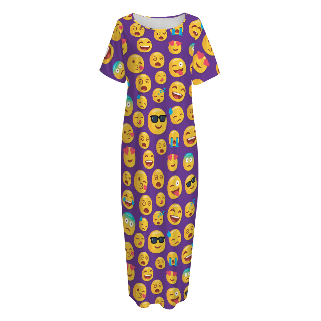 Purple Emoji Pattern Print Short Sleeve Long Nightdress