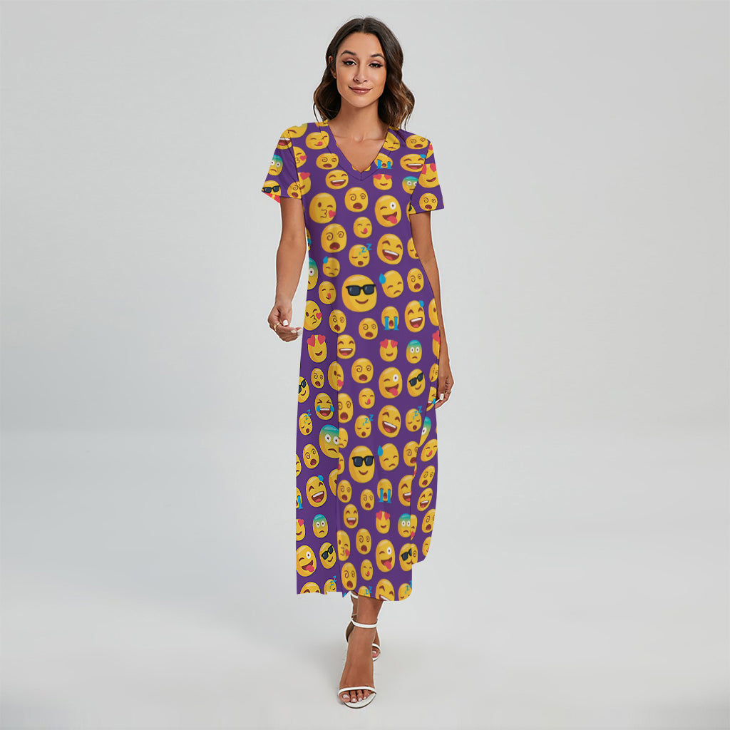 Purple Emoji Pattern Print Short Sleeve Maxi Dress