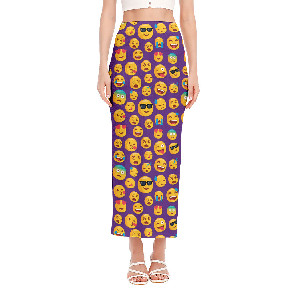 Purple Emoji Pattern Print Side Slit Maxi Skirt