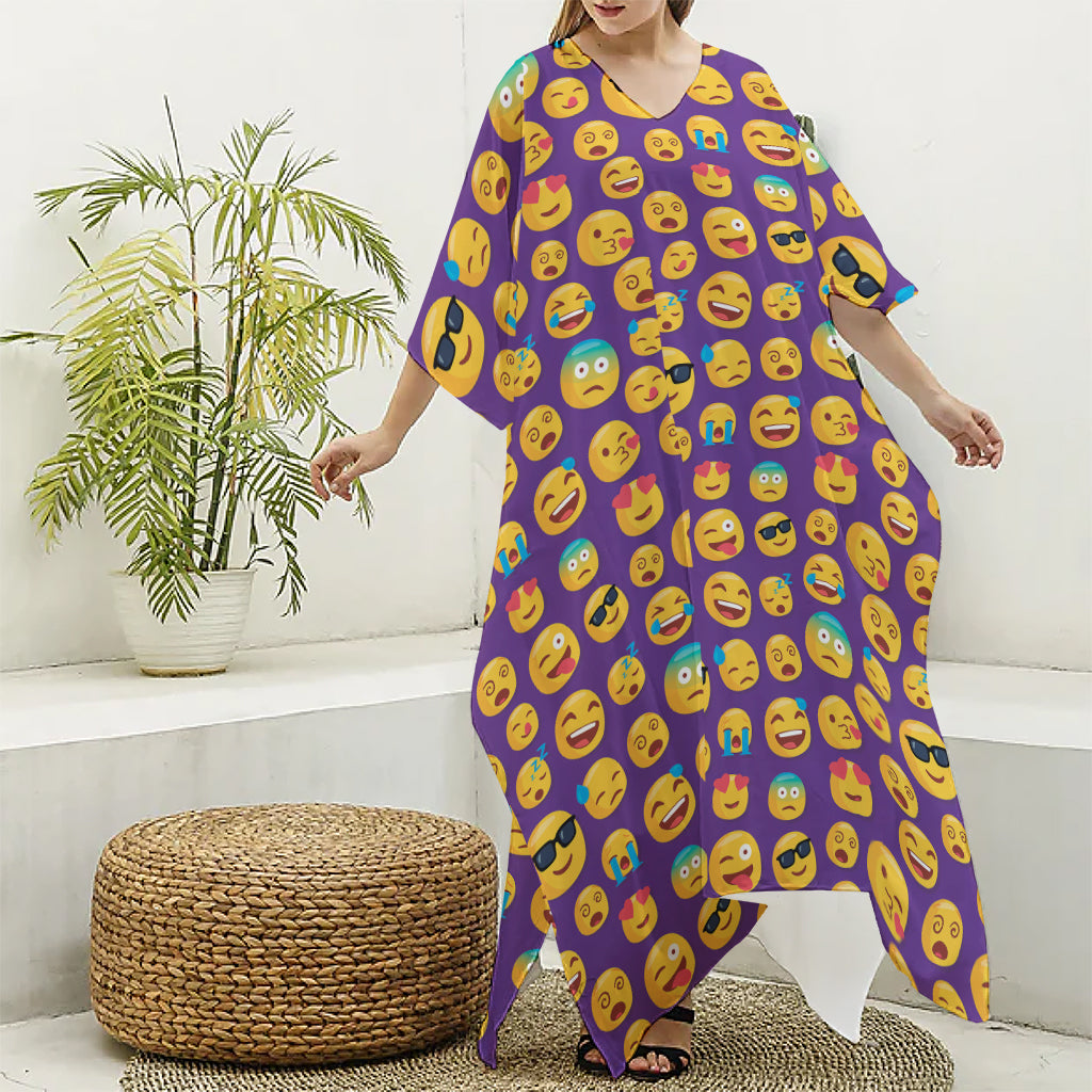 Purple Emoji Pattern Print Silk V-Neck Kaftan Dress