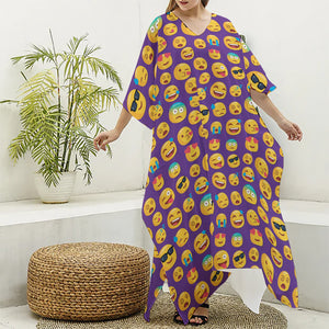 Purple Emoji Pattern Print Silk V-Neck Kaftan Dress