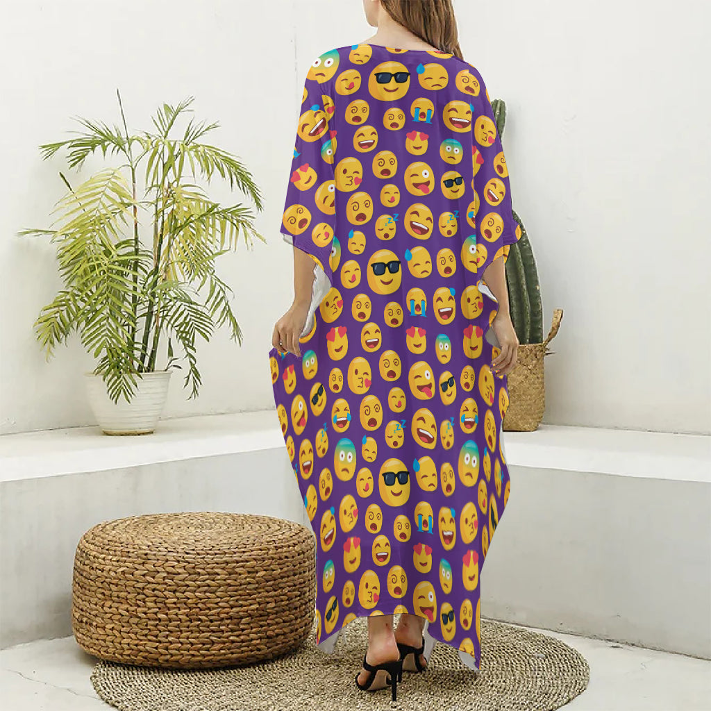 Purple Emoji Pattern Print Silk V-Neck Kaftan Dress