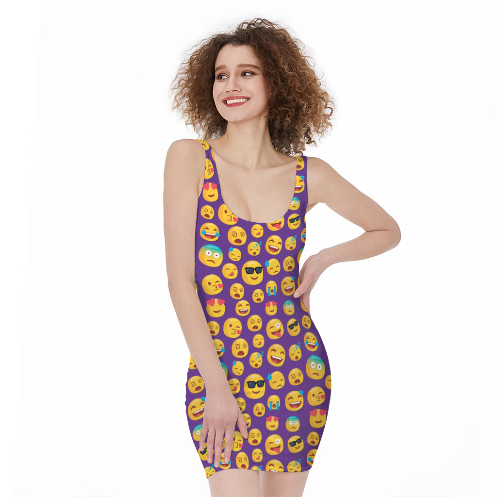 Purple Emoji Pattern Print Sleeveless Bodycon Dress