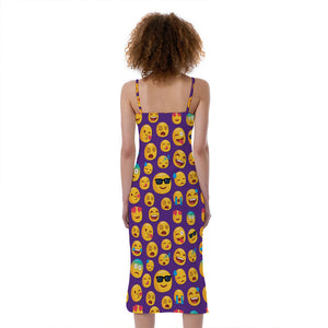 Purple Emoji Pattern Print Slim Fit Midi Cami Dress