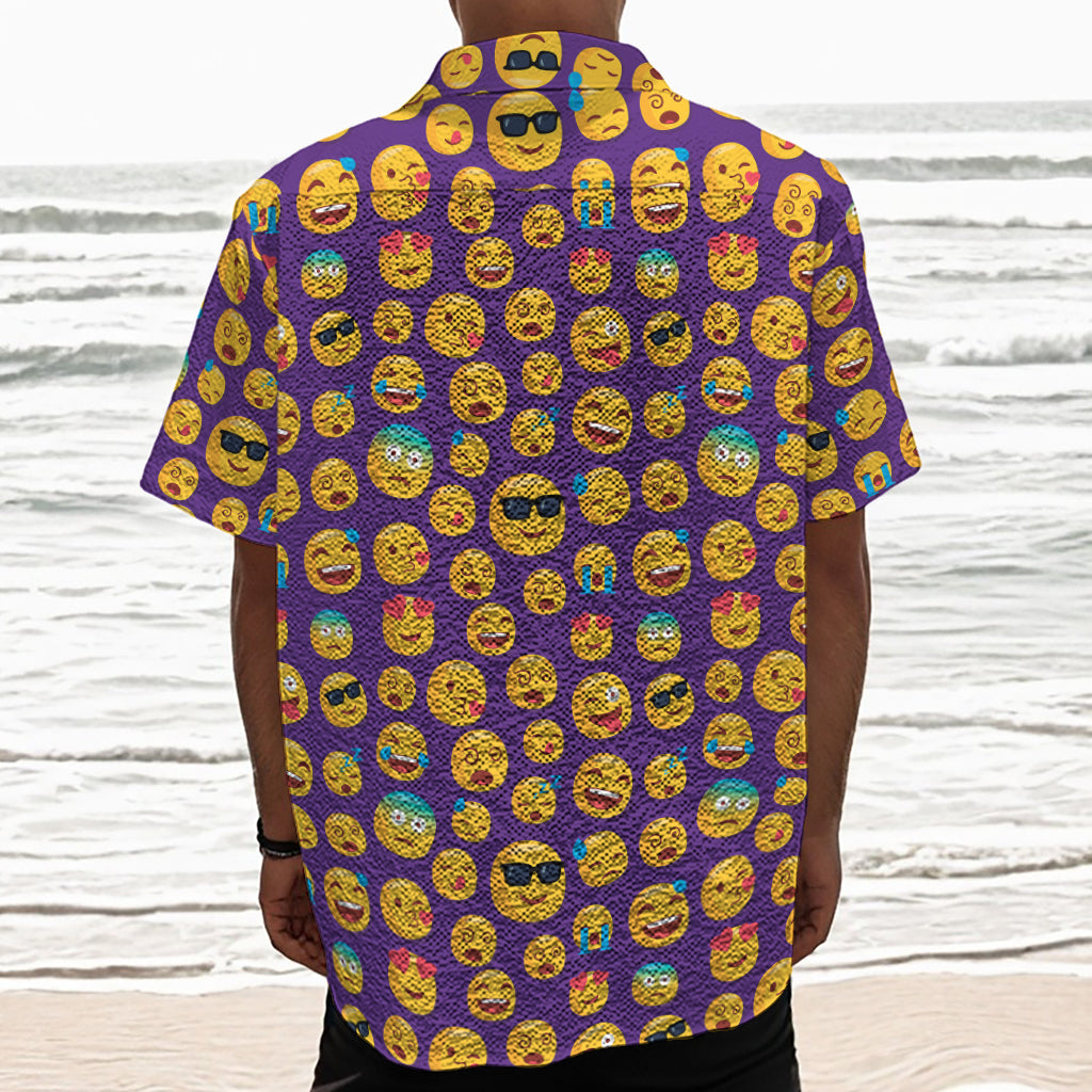 Purple Emoji Pattern Print Textured Short Sleeve Shirt