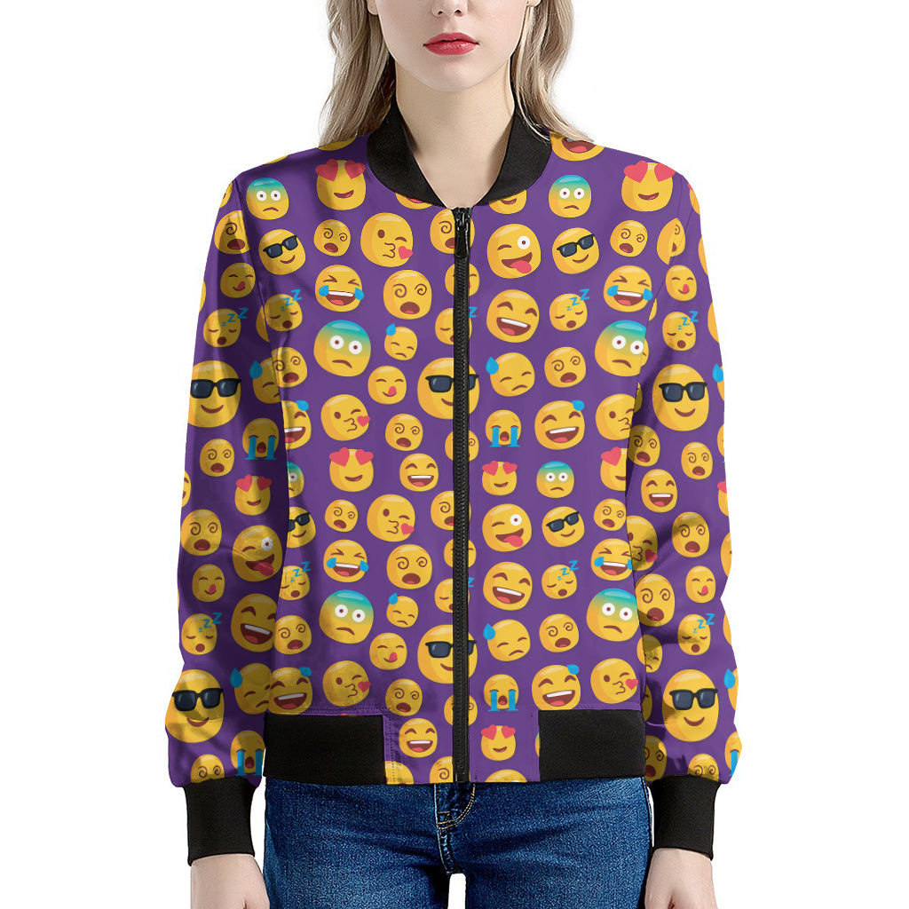 Purple Emoji Pattern Print Women's Bomber Jacket