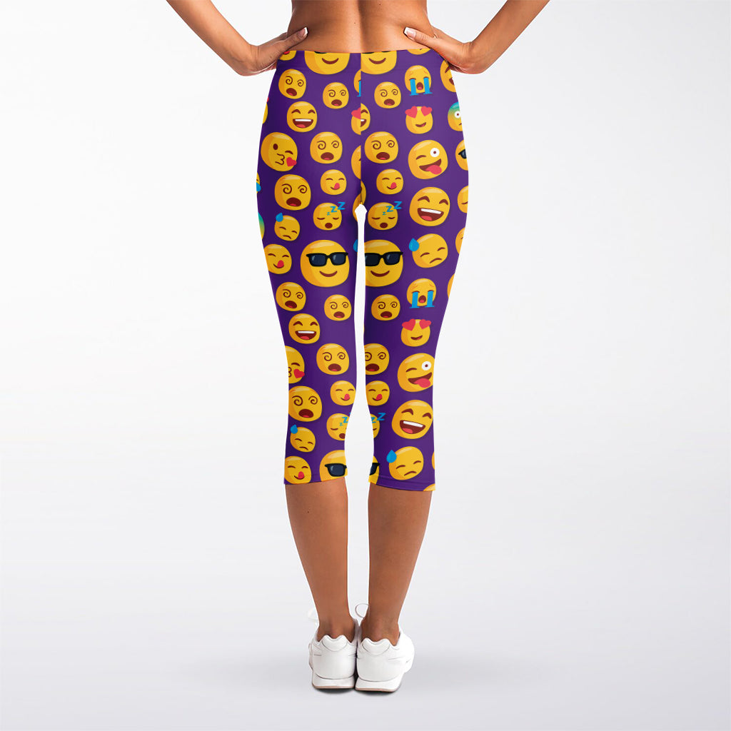Purple Emoji Pattern Print Women's Capri Leggings