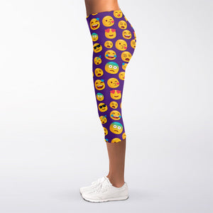 Purple Emoji Pattern Print Women's Capri Leggings