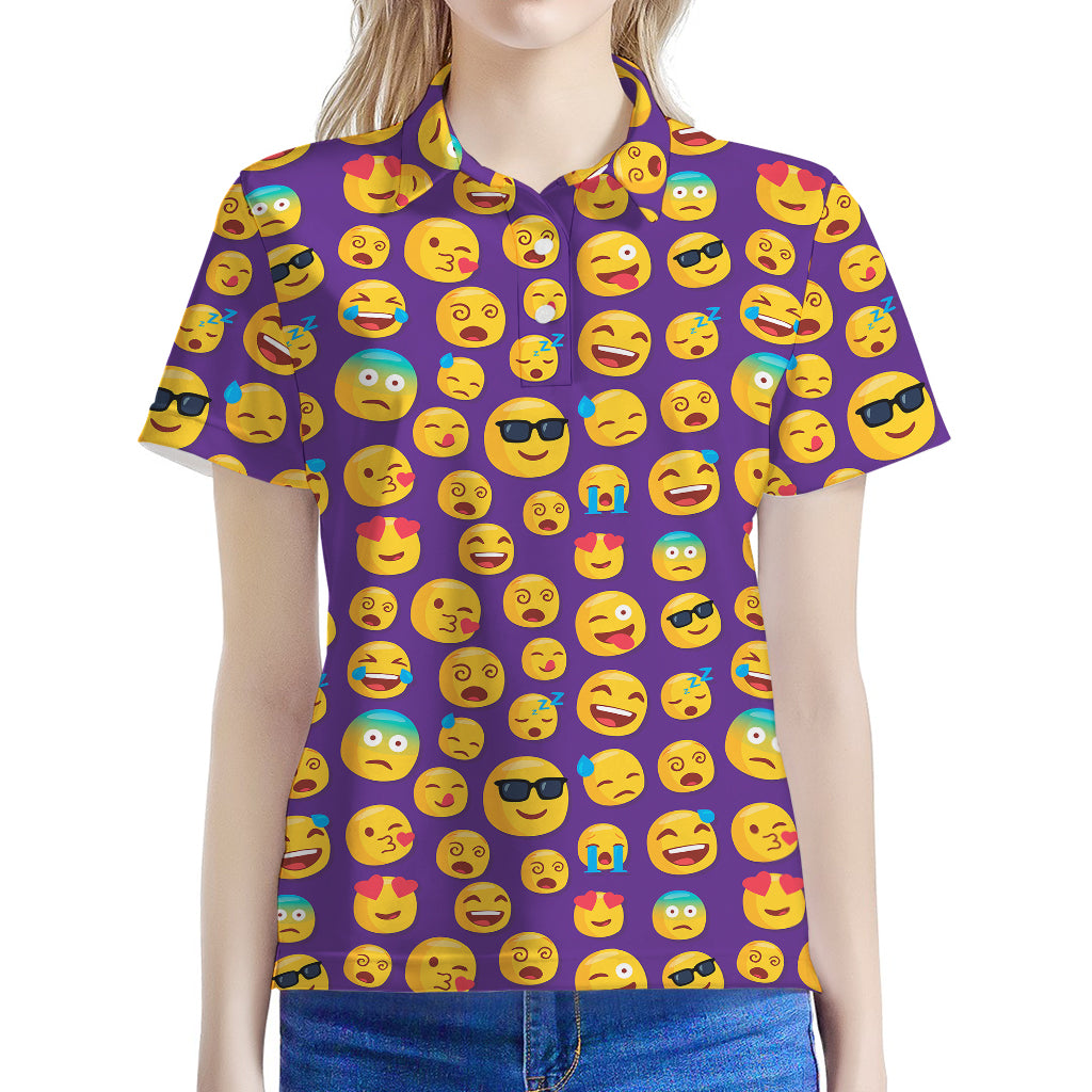 Purple Emoji Pattern Print Women's Polo Shirt
